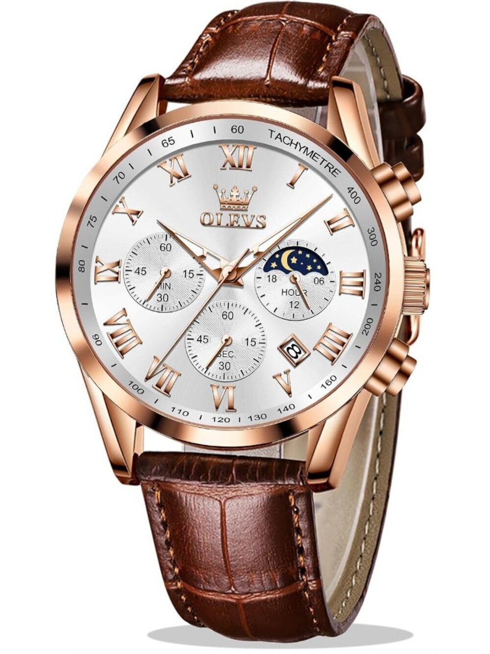 Men's Brown White Leather Analog Quartz Luxury Chronograph Waterproof Wristwatch